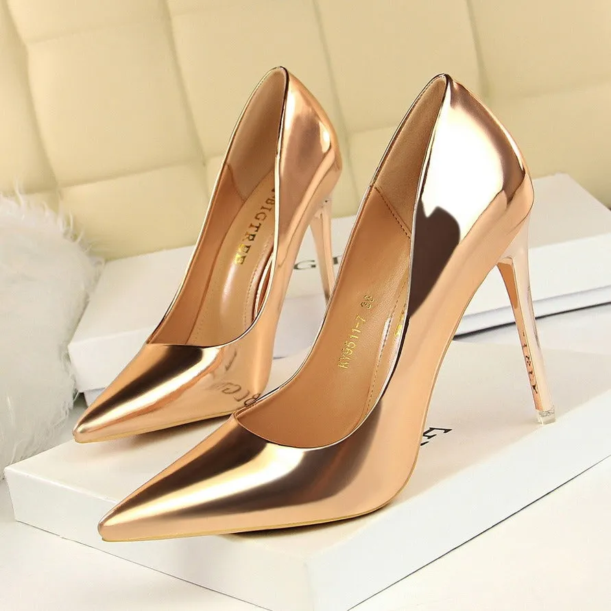 -European and American style fashion metal heel high heels women's shoes high heels shallow mouth pointed toe sexy nightclub slimming shoes