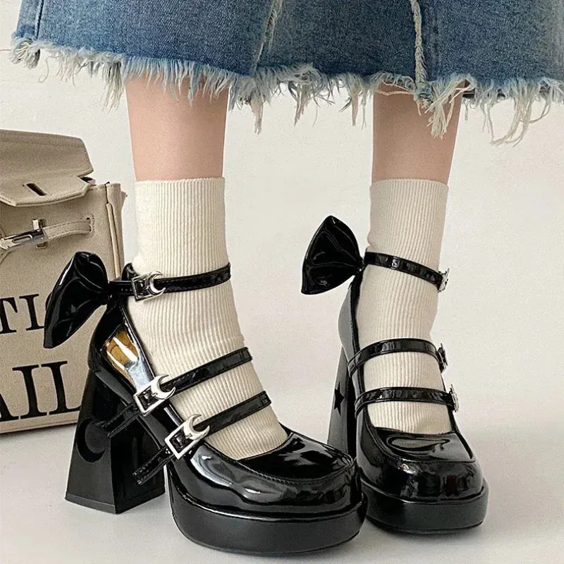 Amozae-Bow Platform Mary Jane Shoes Women Pumps Patent Leather Casual Thick Bottom Womens Shoe White Chunky Heel Lolita Dress High Heel