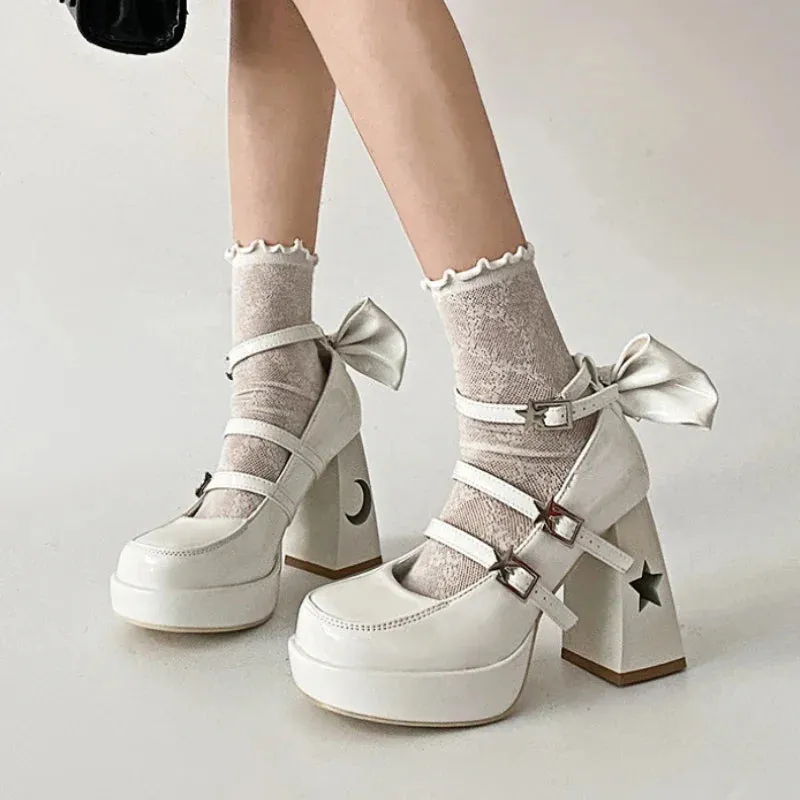 Amozae-Bow Platform Mary Jane Shoes Women Pumps Patent Leather Casual Thick Bottom Womens Shoe White Chunky Heel Lolita Dress High Heel