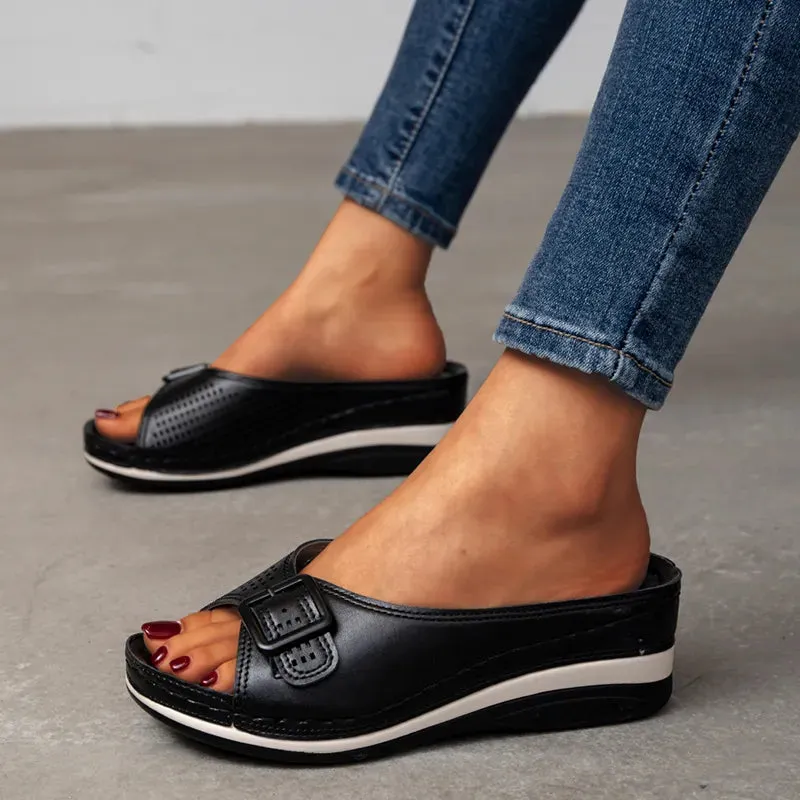 AMOZAE- - Buckle Fish Mouth Wedge Slippers