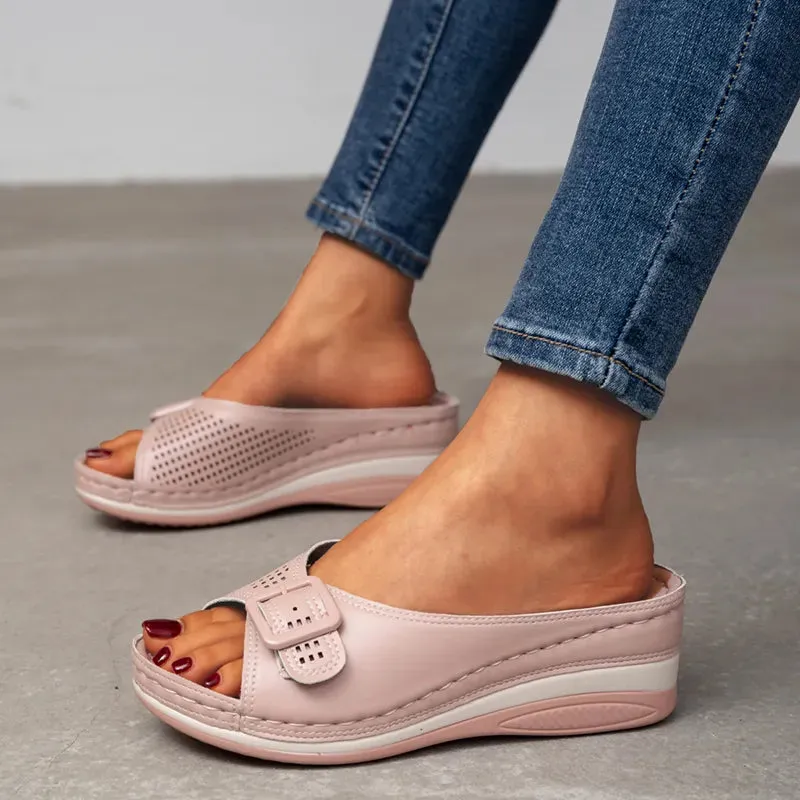 AMOZAE- - Buckle Fish Mouth Wedge Slippers