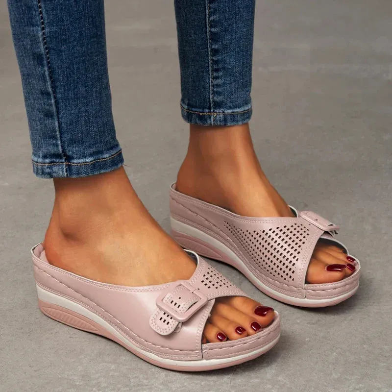 AMOZAE- - Buckle Fish Mouth Wedge Slippers