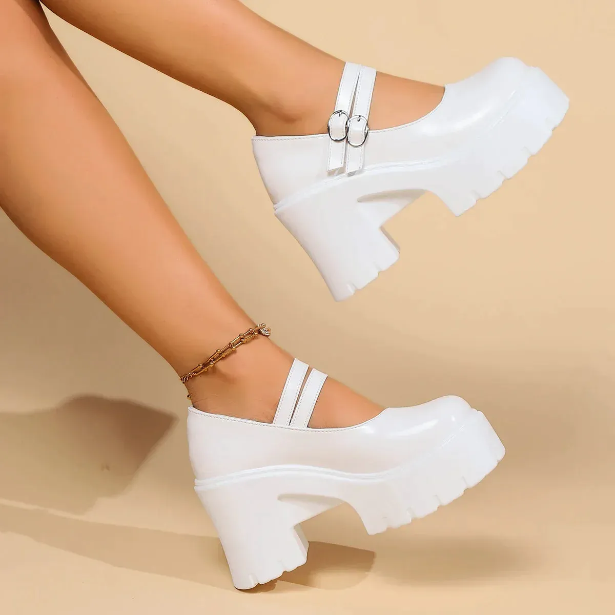 AMOZAE- - Super High Heels Mary Jane Shoes for Women White Patent Leather