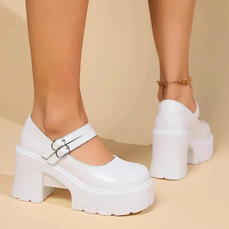 AMOZAE- - Super High Heels Mary Jane Shoes for Women White Patent Leather