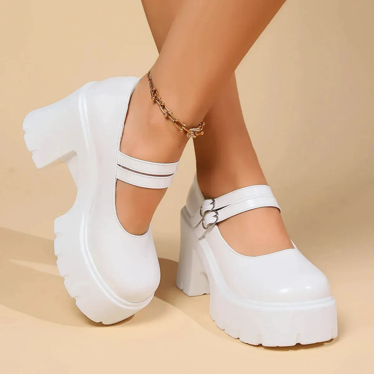 AMOZAE- - Super High Heels Mary Jane Shoes for Women White Patent Leather