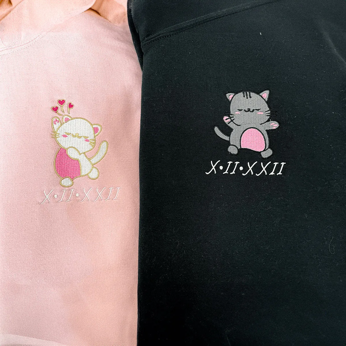 Anime Cat Matching Couple Hoodie, Embroidered Custom On Sleeve, Luxury Gifts For Couples