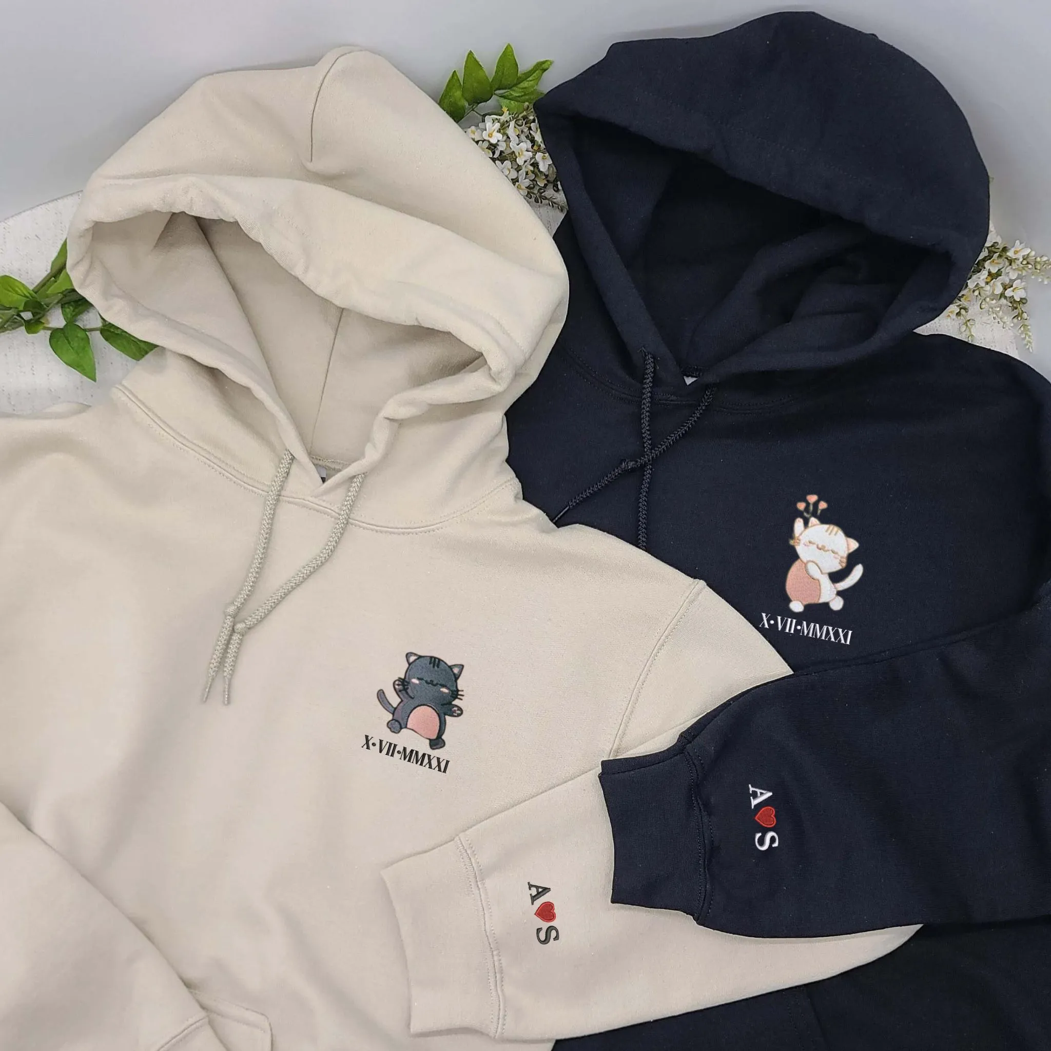 Anime Cat Matching Couple Hoodie, Embroidered Custom On Sleeve, Luxury Gifts For Couples