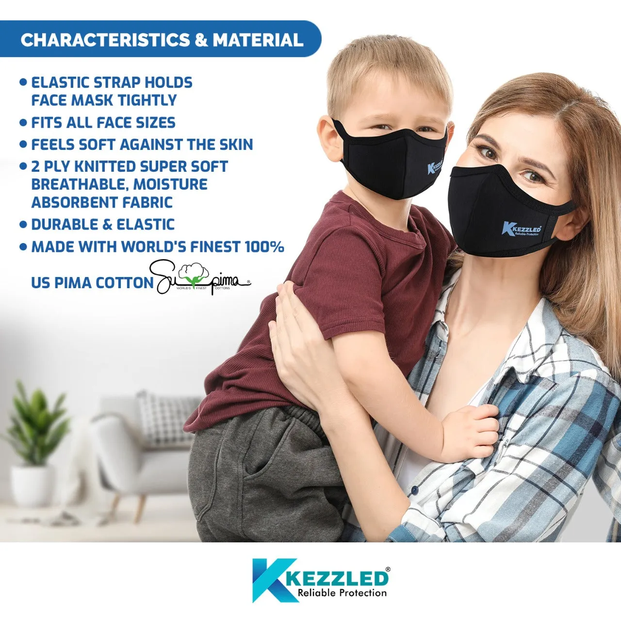 Antiviral Designer Protective Face Mask, 100% Cotton Super Soft Breathable Fabric, Unisex Black- Washable