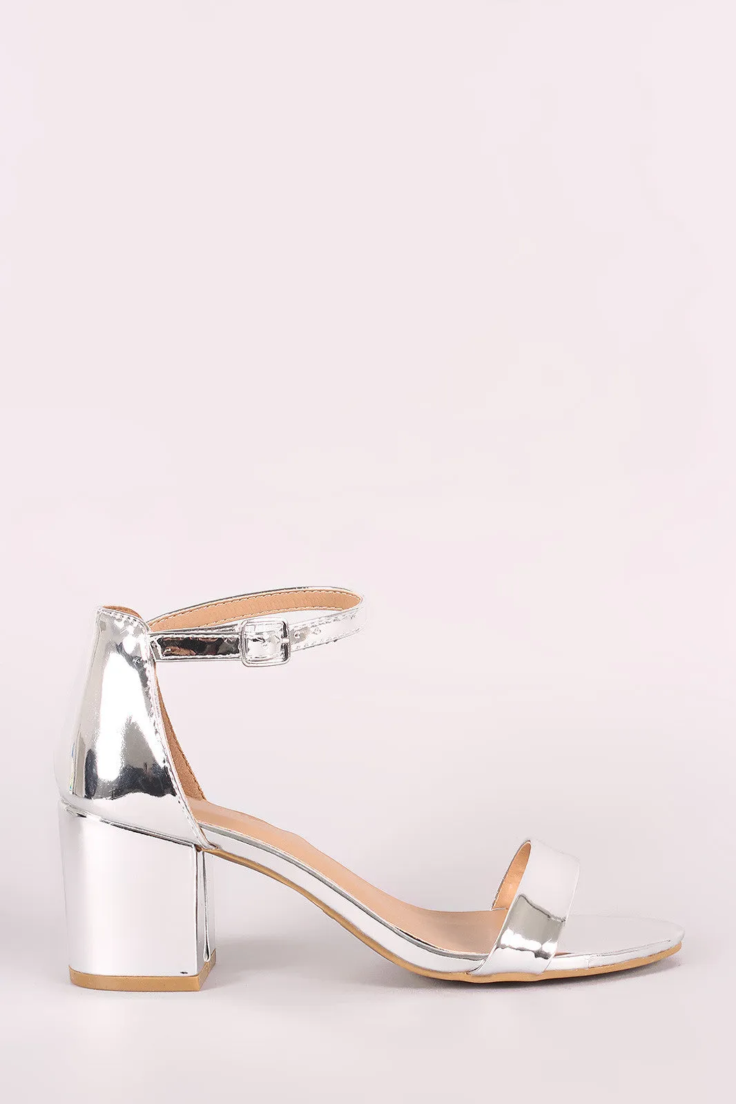 Bamboo Metallic Patent Ankle Strap Open Toe Block Heel