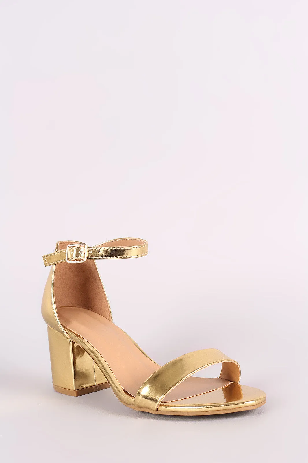 Bamboo Metallic Patent Ankle Strap Open Toe Block Heel