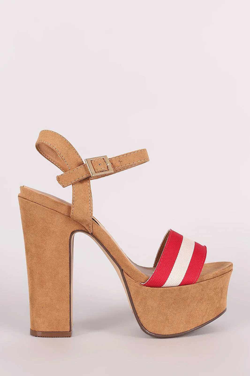 Bamboo Suede Striped Ankle Strap Chunky Platform Heel