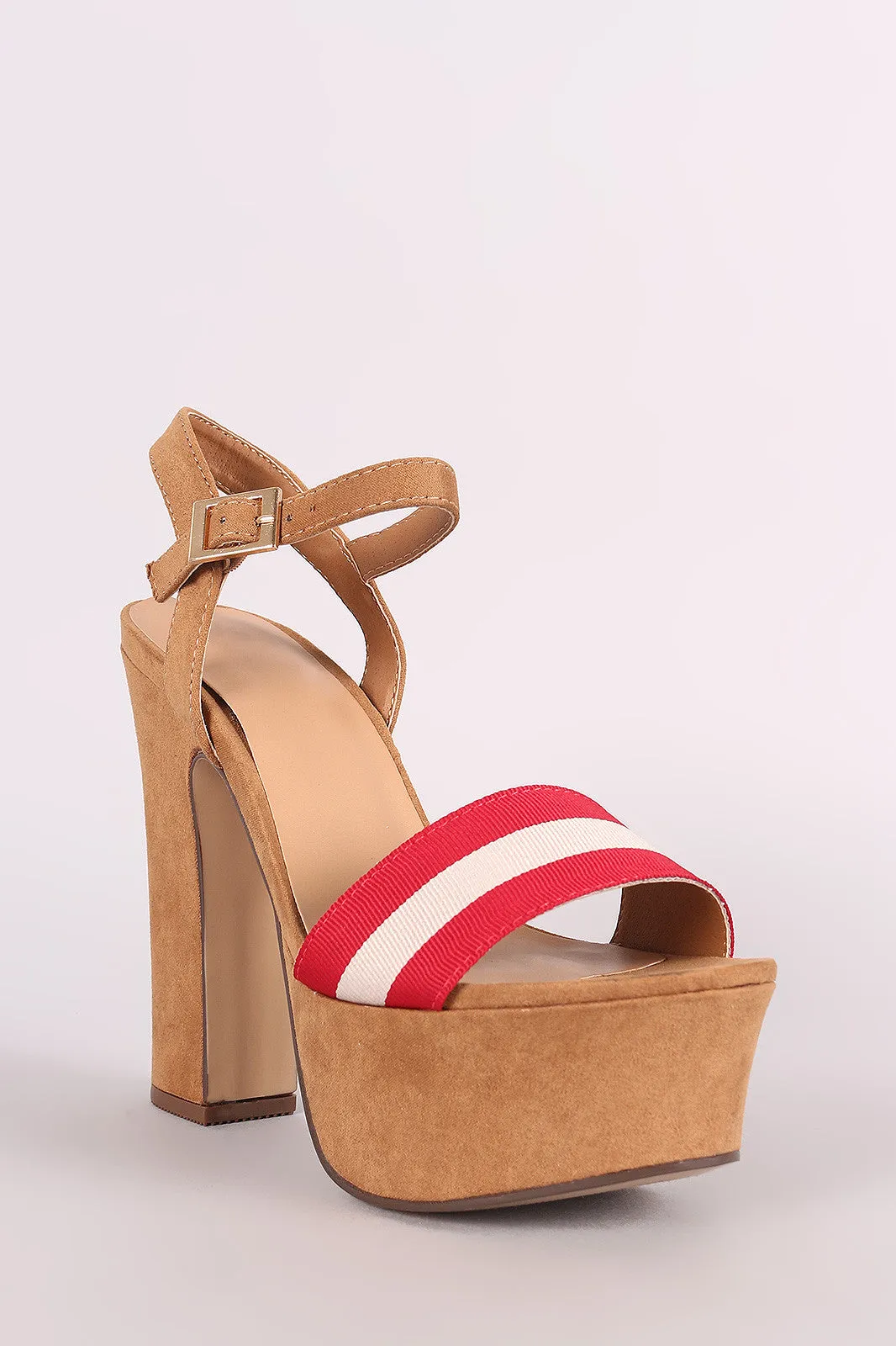 Bamboo Suede Striped Ankle Strap Chunky Platform Heel