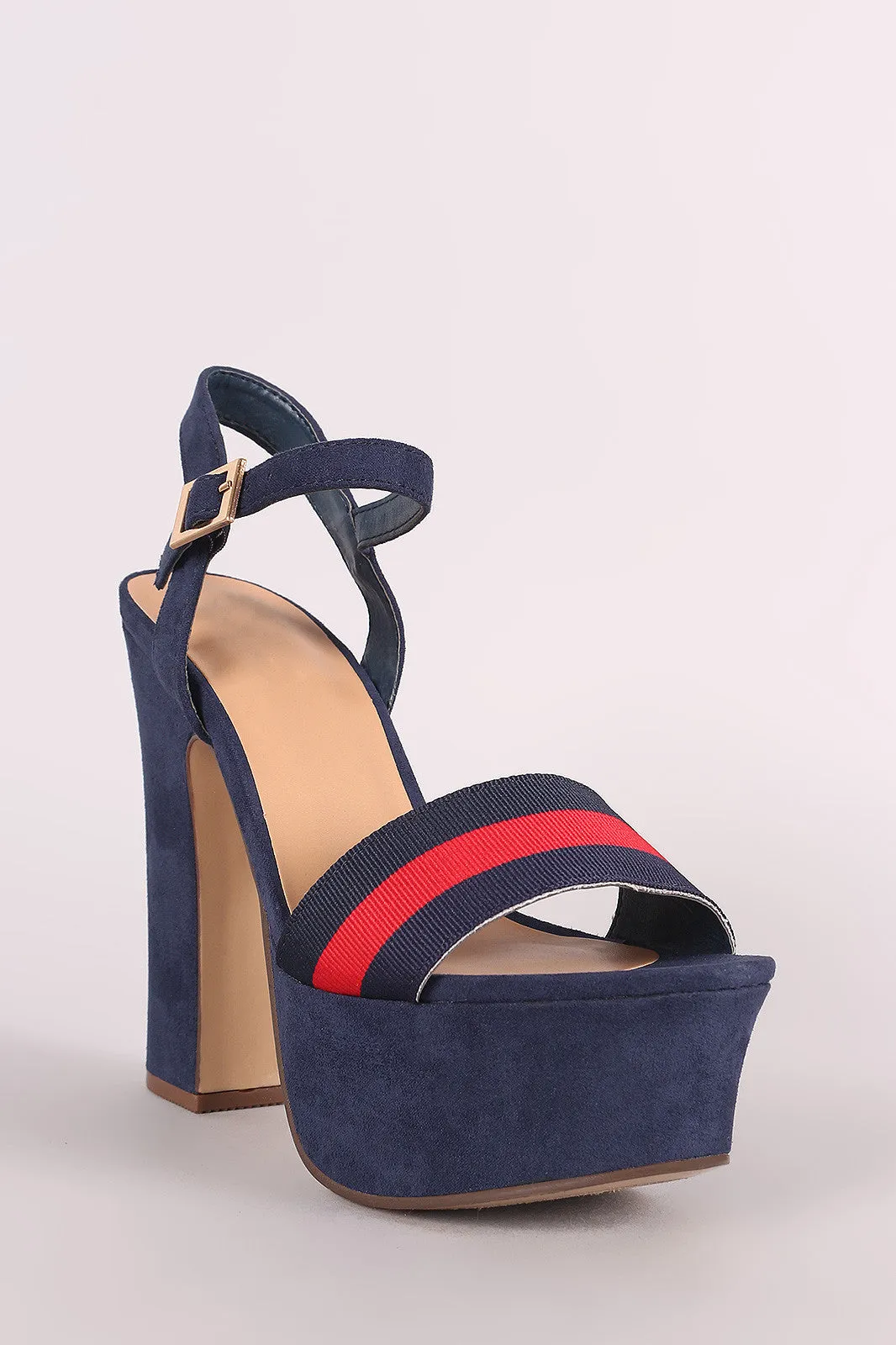 Bamboo Suede Striped Ankle Strap Chunky Platform Heel