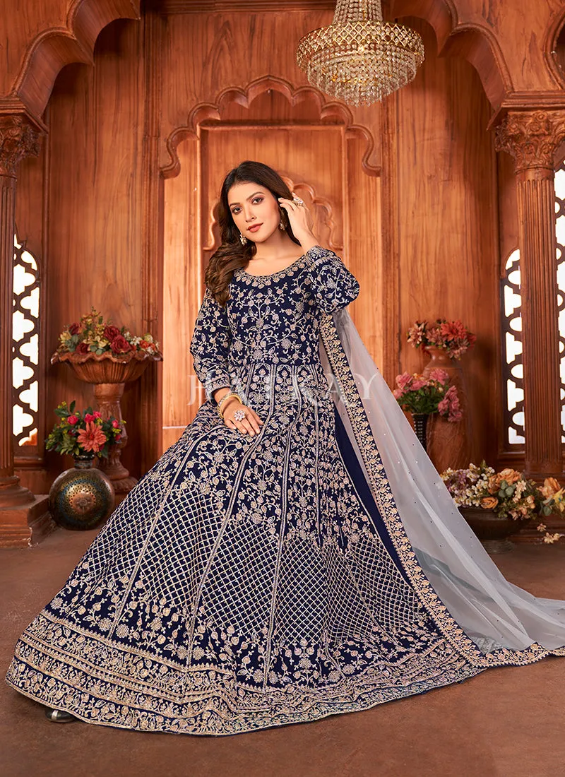 Blue Embroidery Traditional Velvet Anarkali Suit