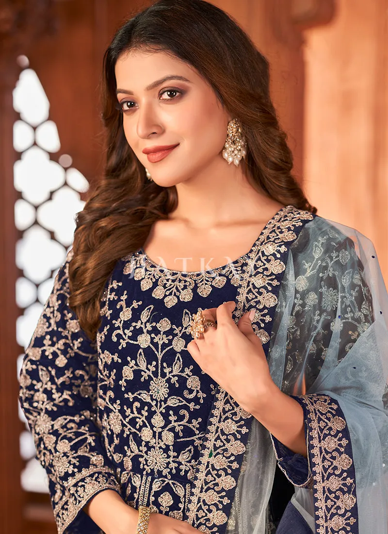 Blue Embroidery Traditional Velvet Anarkali Suit