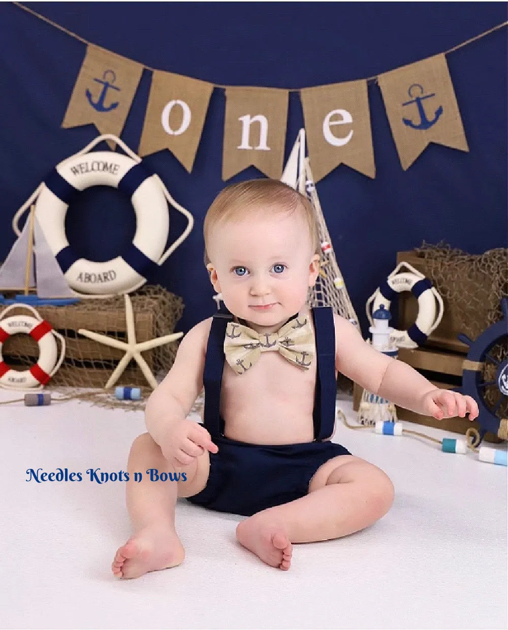 Boys Blue & Tan Nautical Anchor Cake Smash Outfit