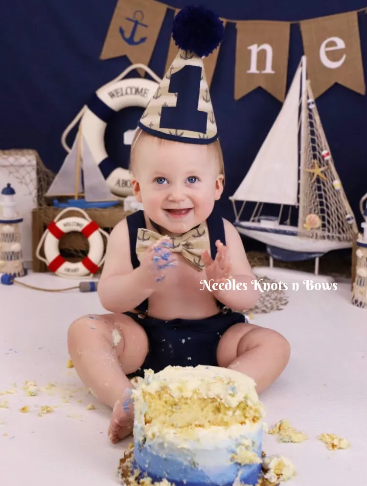 Boys Blue & Tan Nautical Anchor Cake Smash Outfit