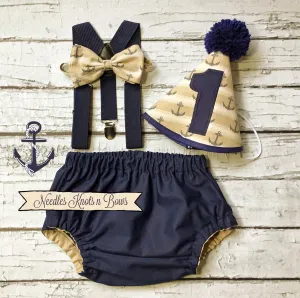 Boys Blue & Tan Nautical Anchor Cake Smash Outfit