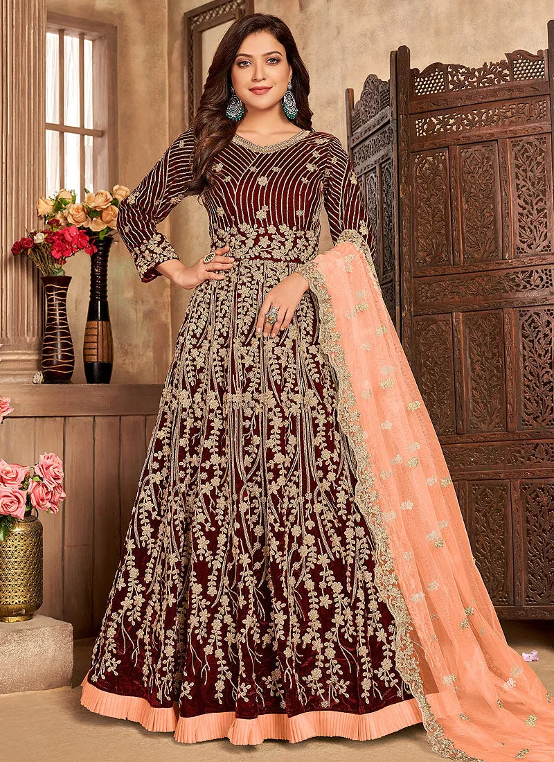 Bridal Red Embroidered Velvet Anarkali Suit