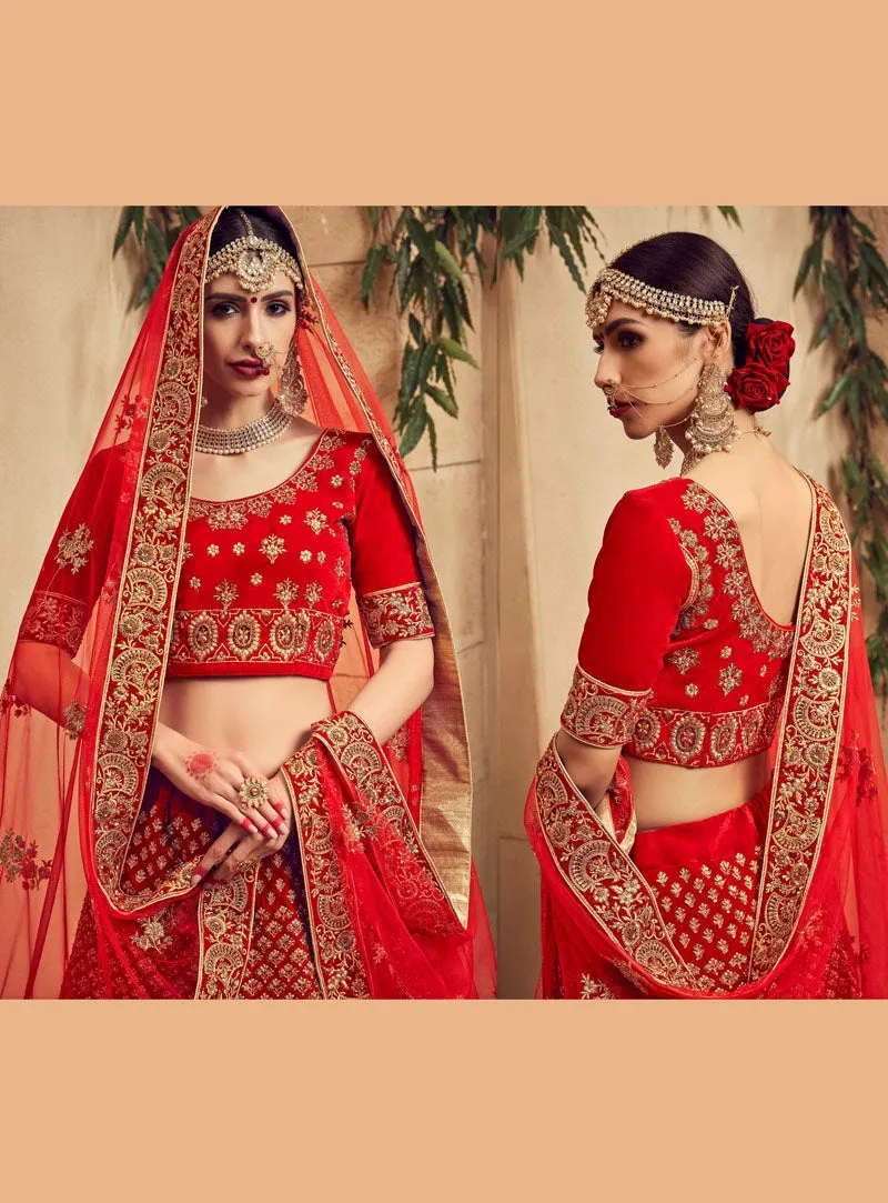 Bridal Red  Velvet Embroidered Lehenga Choli