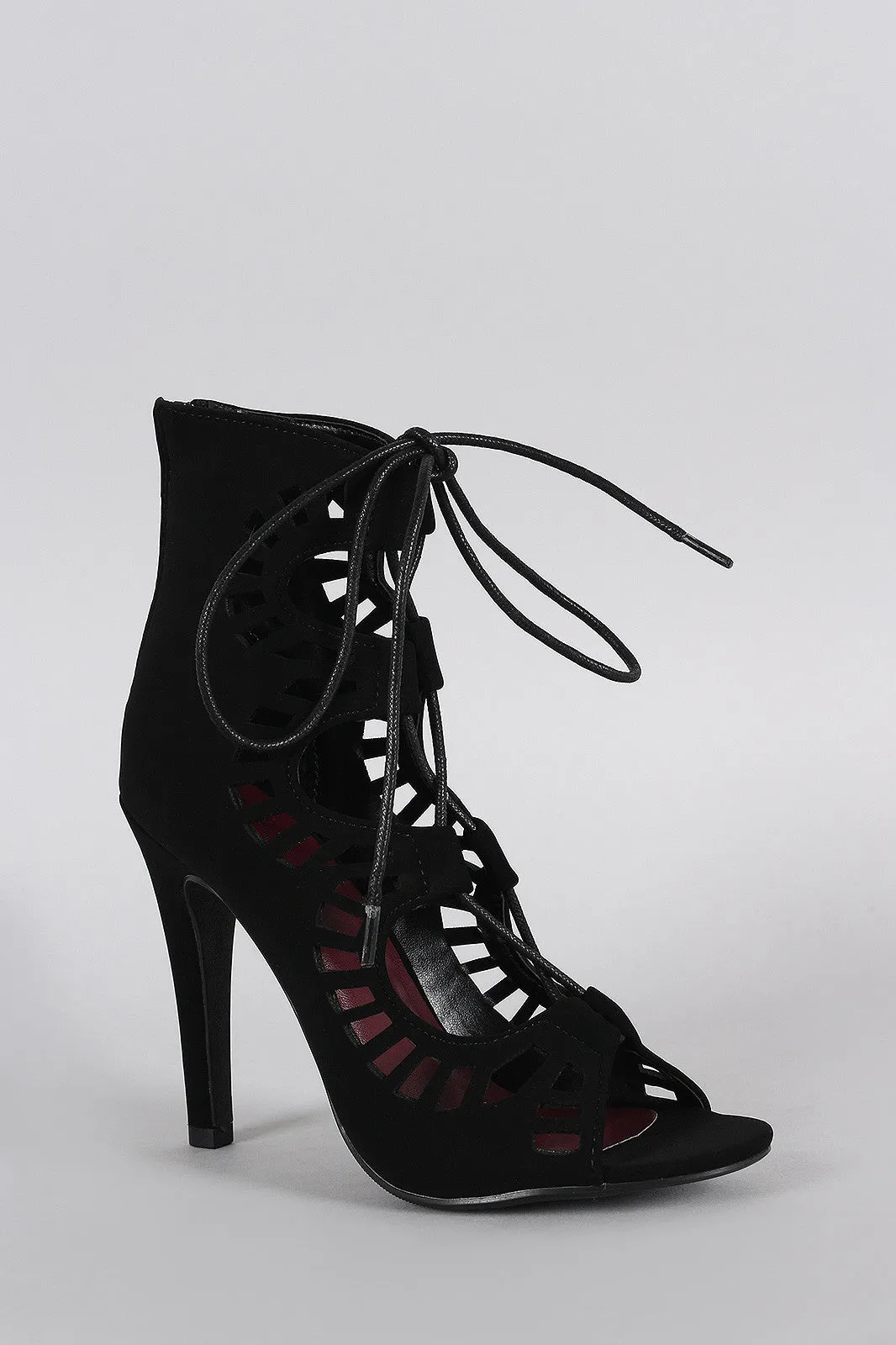 Delicious Perforated Lace Up Open Toe Heel