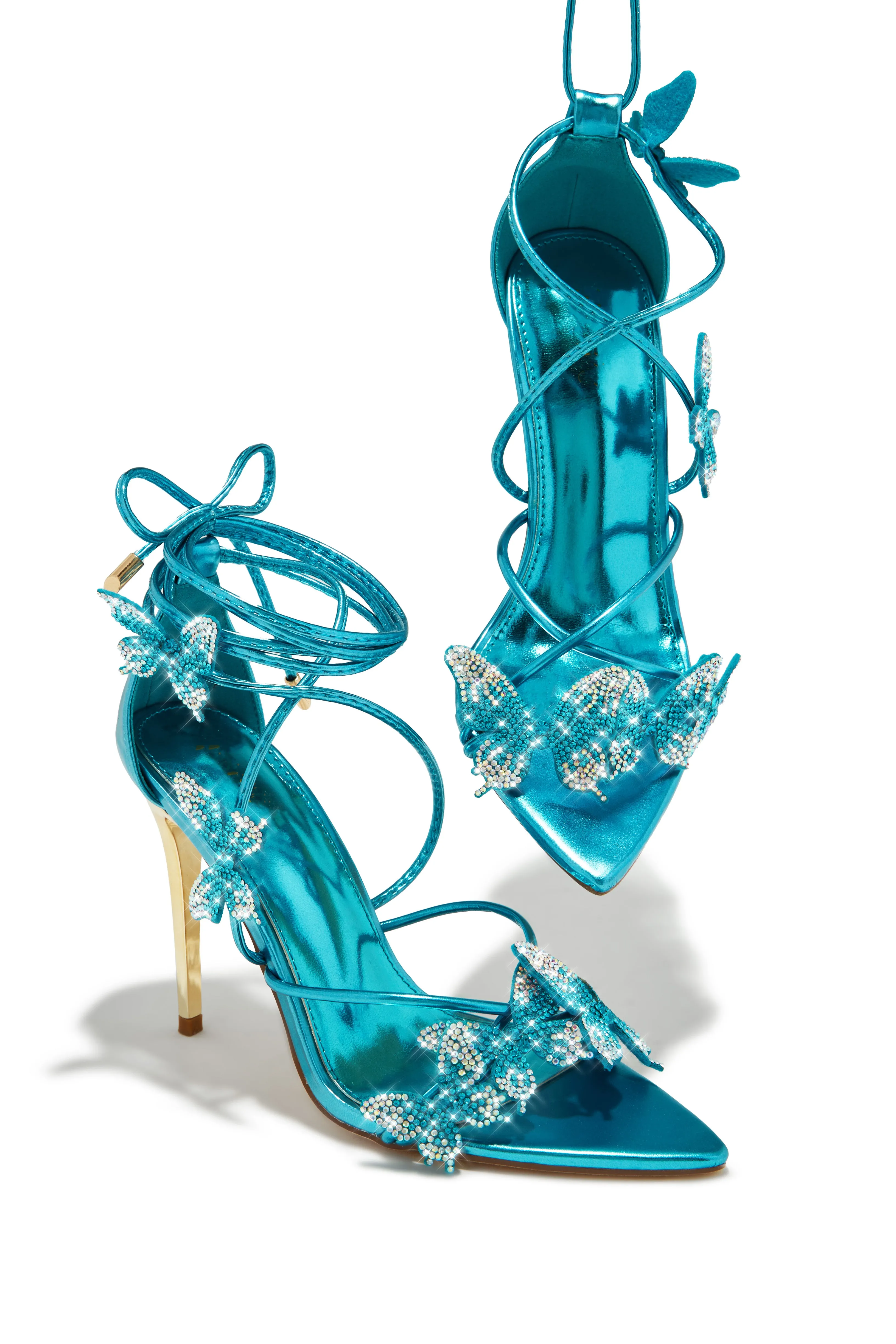 Fantasy Dreams Butterfly Embellished Lace Up Heels - Blue