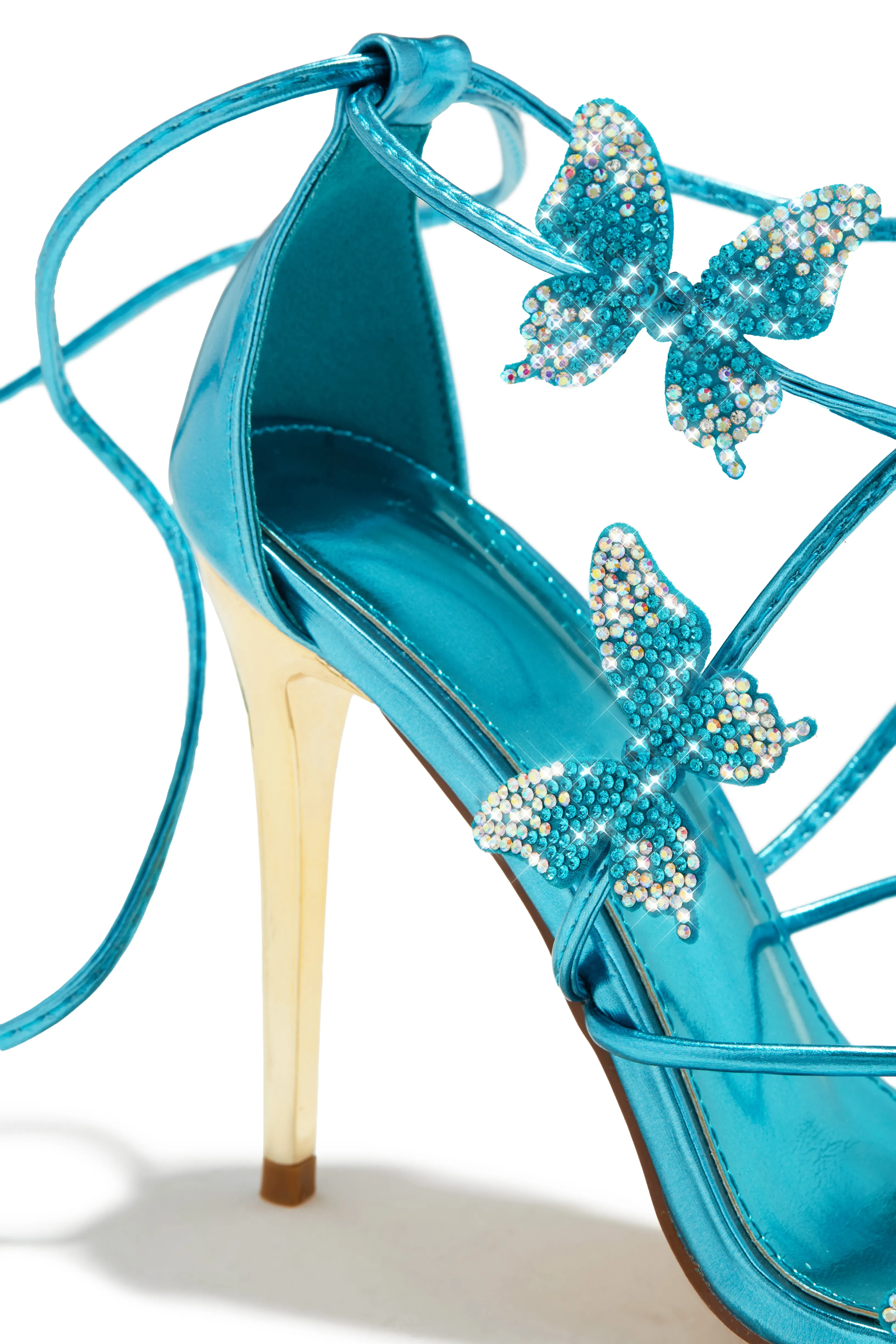 Fantasy Dreams Butterfly Embellished Lace Up Heels - Blue