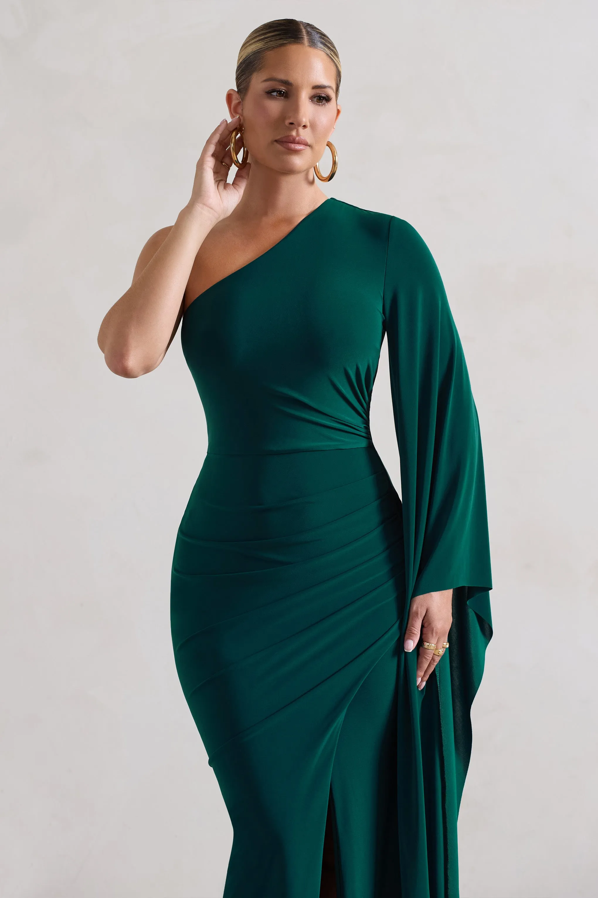 Giada | Bottle Green Ruched One Shoulder Cape Sleeve Maxi Dress