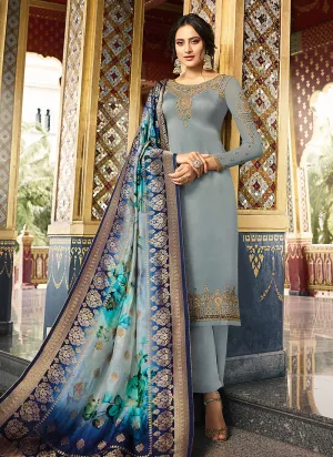 Grey And Blue Pakistani Pant Suit