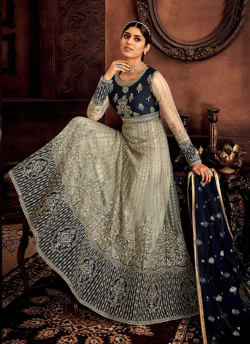 Grey And Blue Zari Embroidered Wedding Anarkali Suit