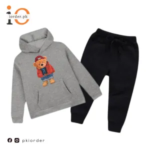 Hazel Grey Cute Bear Printed Kids Hoodie Set