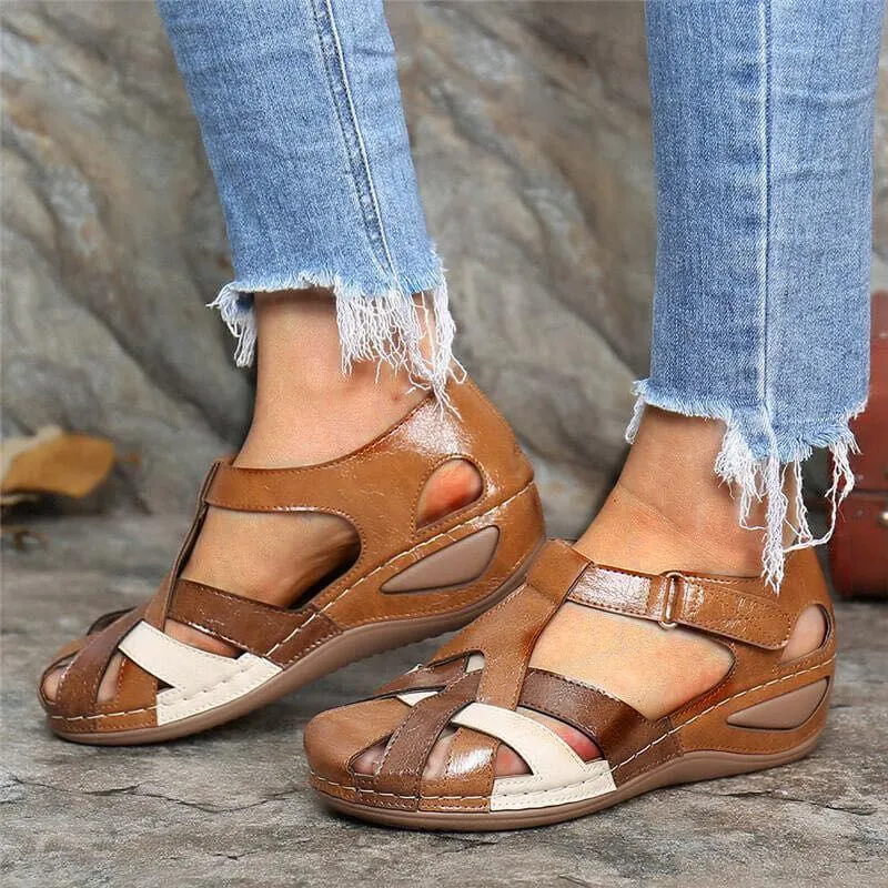 Ladies Retro Round Toe Cross Buckle Sandals