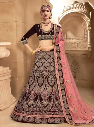 Maroon And Pink Velvet Embroidered Lehenga Choli