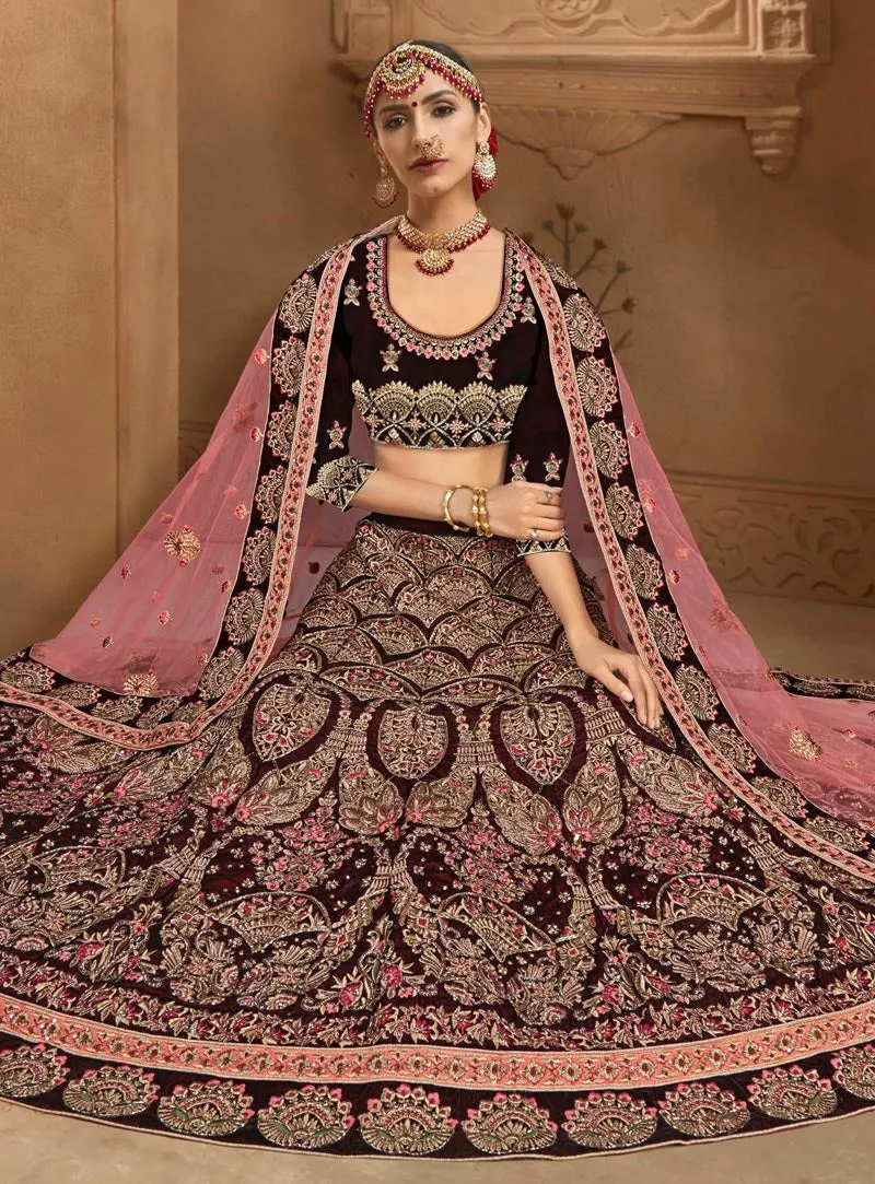 Maroon And Pink Velvet Embroidered Lehenga Choli