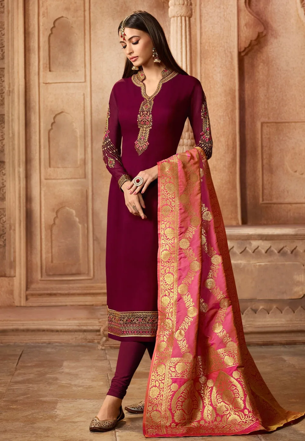 Maroon Contrasting Embroidered Satin Churidar Suit