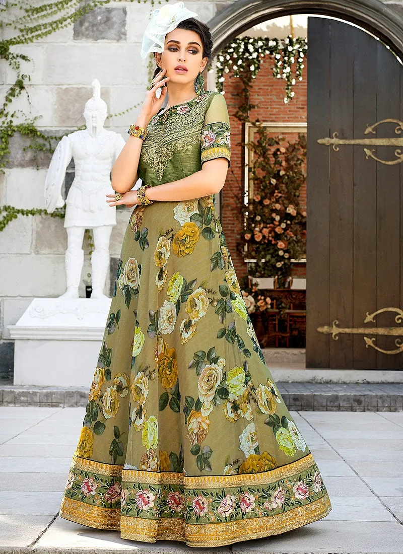 Olive Green Floral Embroidered Lehenga Choli Suit