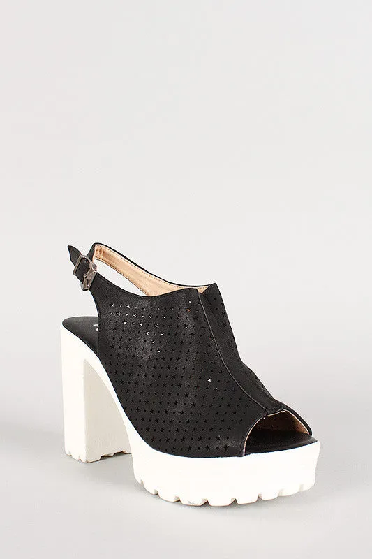 Perforated Leatherette Stars And Circles Slingback Lug Sole Heel