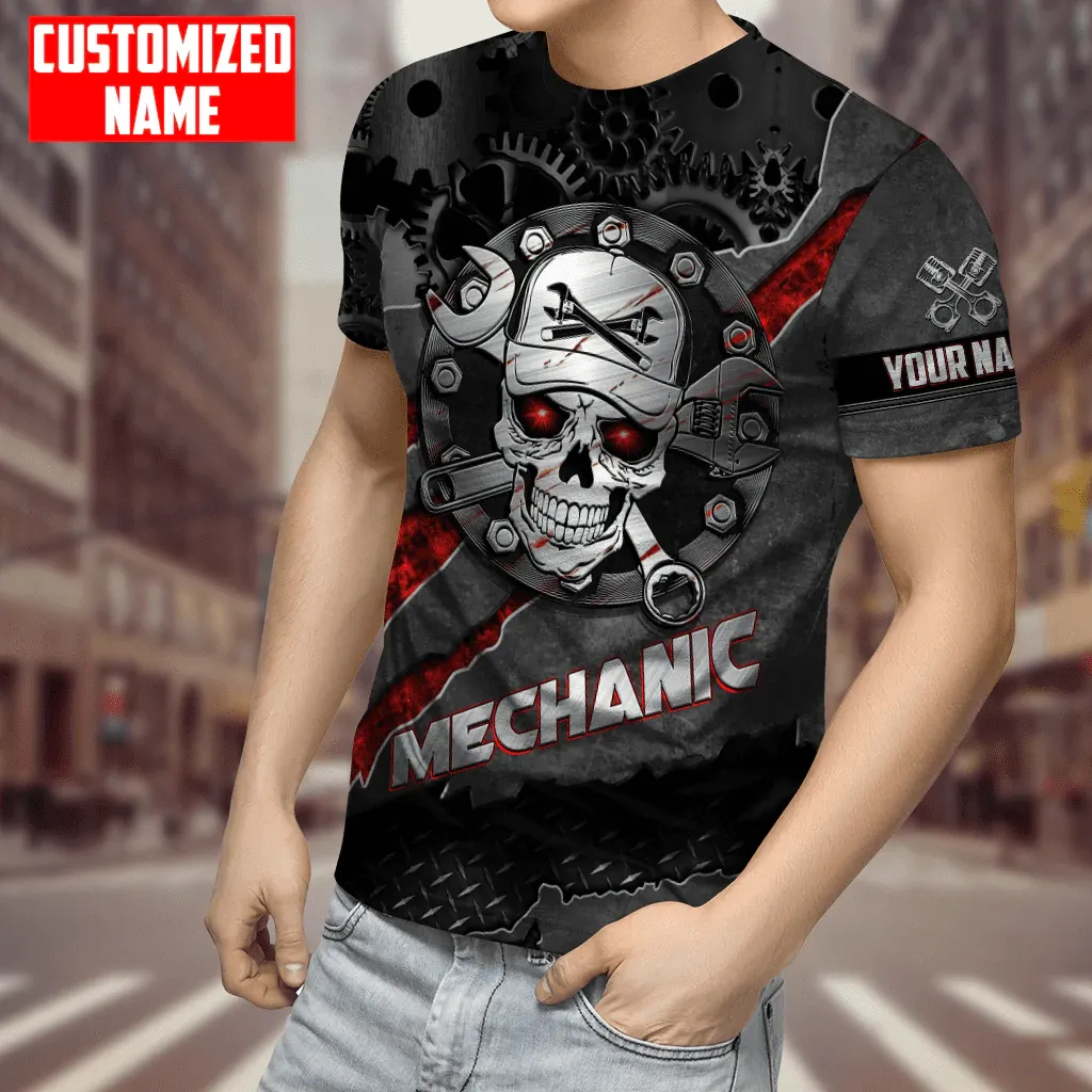 Personalized Mechanic Skull Tool T Shirt Metal Pattern Mechanic Shirts