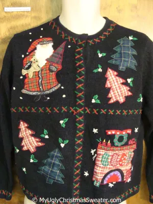 Plaid Santa and Trees Tacky Christmas Sweater