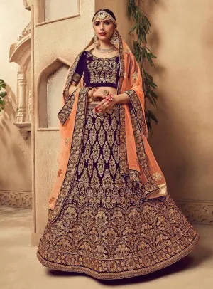 Purple And Orange Velvet Embroidered Lehenga Choli