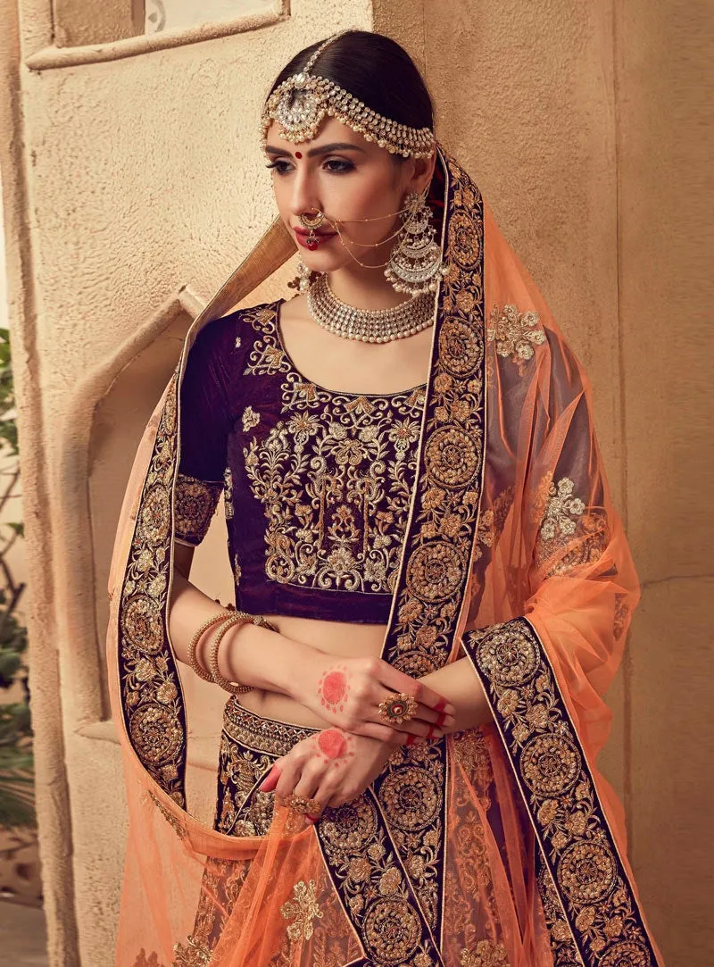 Purple And Orange Velvet Embroidered Lehenga Choli