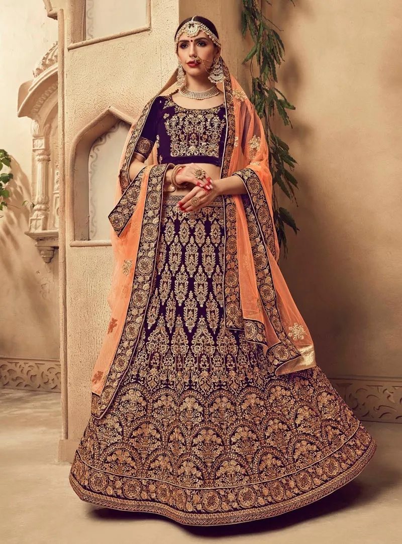 Purple And Orange Velvet Embroidered Lehenga Choli