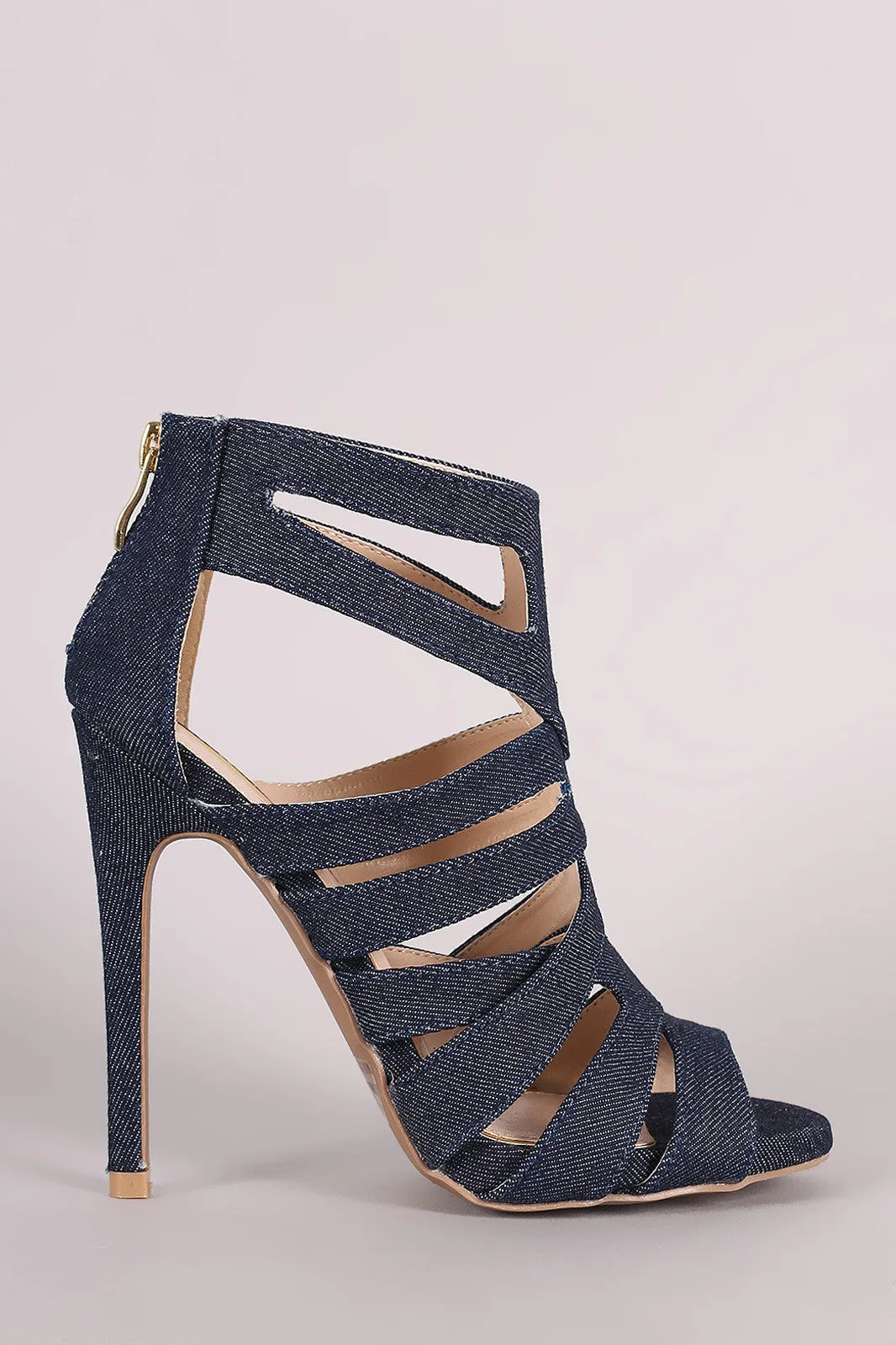 Qupid Denim Strappy Caged Stiletto Heel