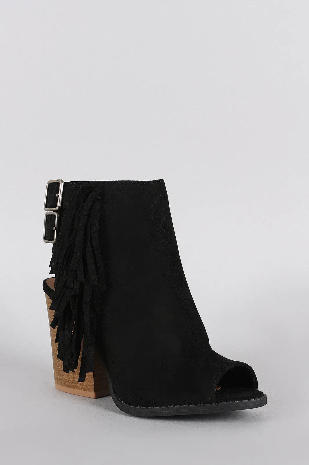 Qupid Falling Fringe Buckle Chunky Heel Mule