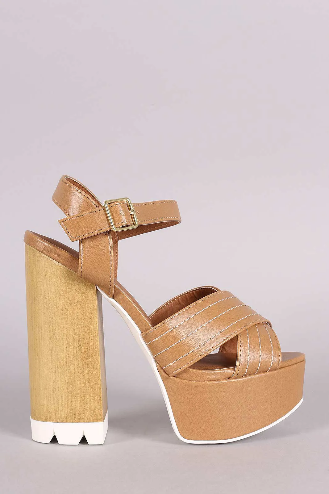 Qupid X-Band Ankle Strap Faux Wooden Platform Heel