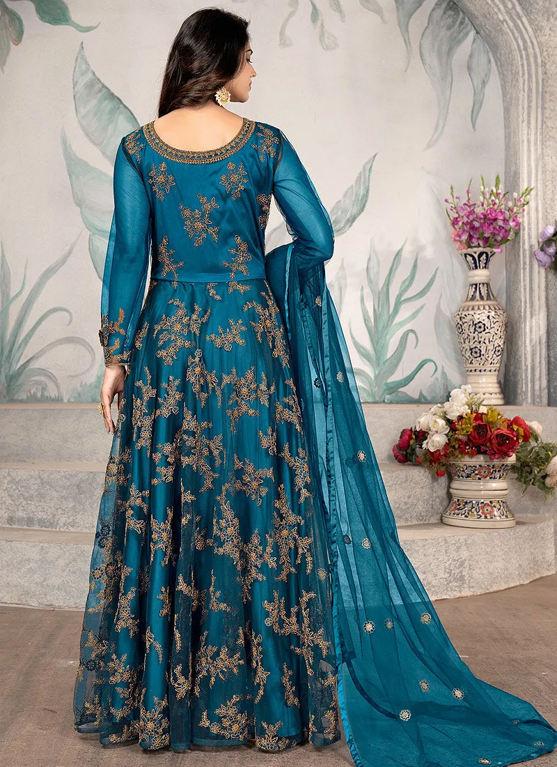 Royal Blue Cording Zari Embroidery Anarkali Suit