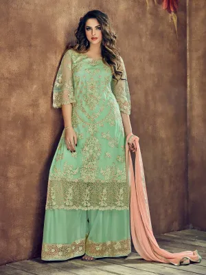 Sea Green And Peach Embroidered Flared Palazzo Suit