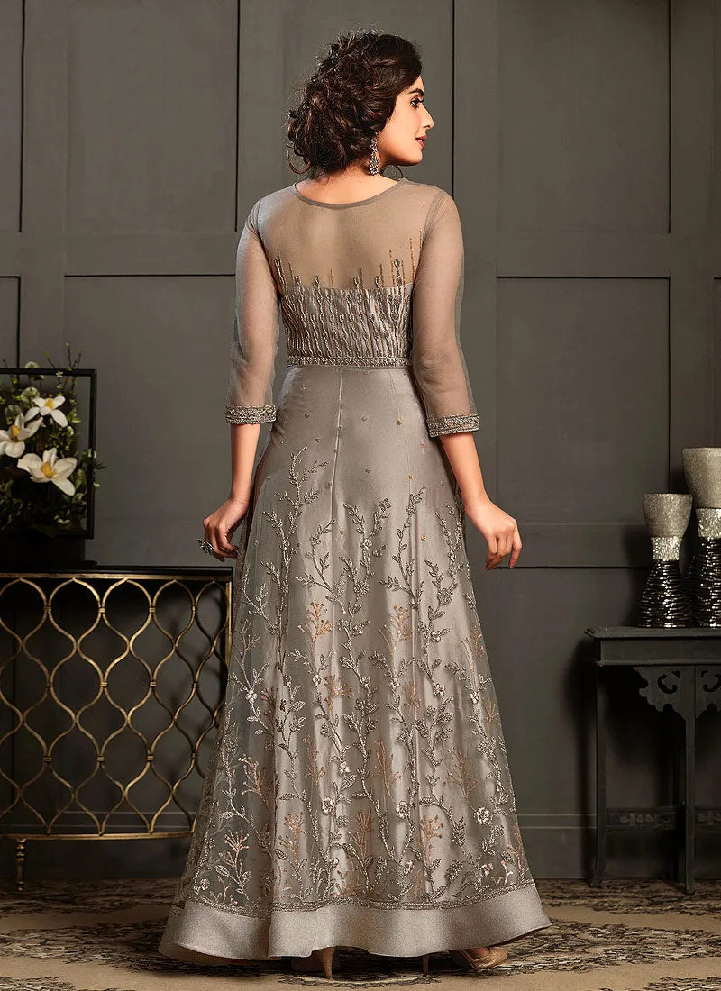 Silver Grey Multi Embroidery Designer Wedding Gown