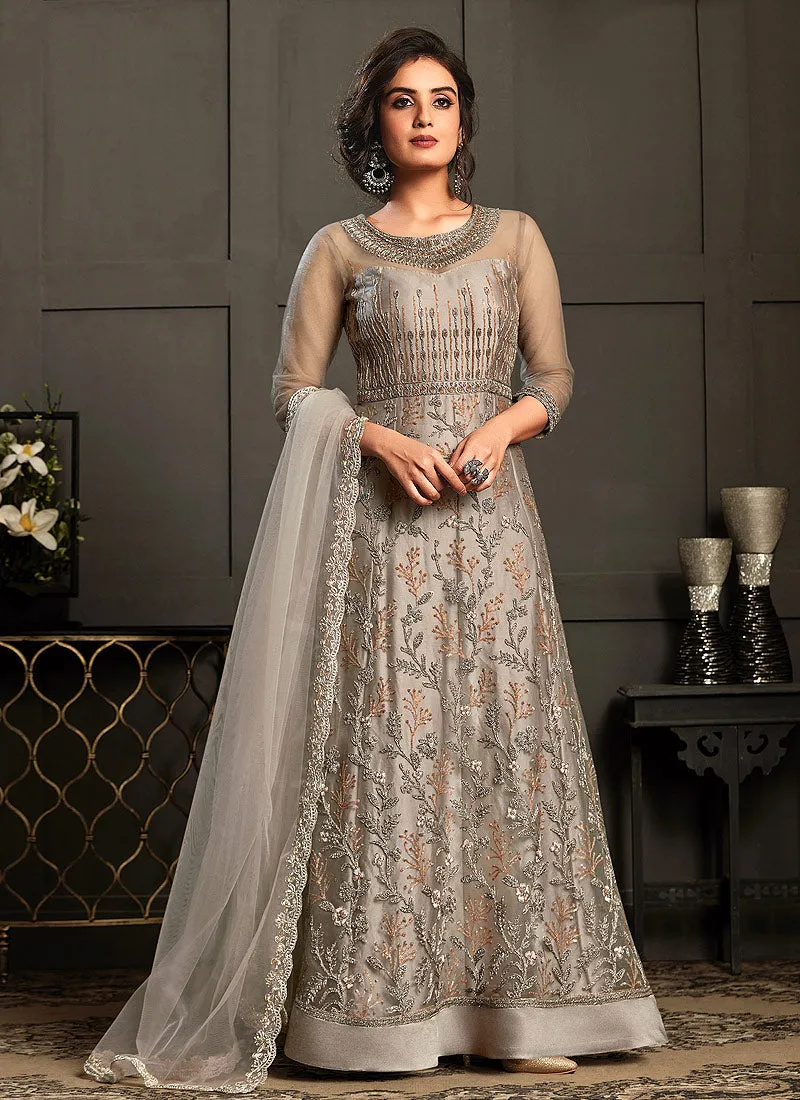 Silver Grey Multi Embroidery Designer Wedding Gown