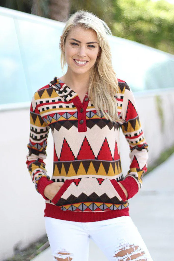 Taupe Aztec Hoodie with Buttons